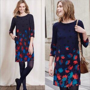 BODEN Rachel Floral 3/4 Sleeve Crepe Shift Dress Size 4 Navy Red
